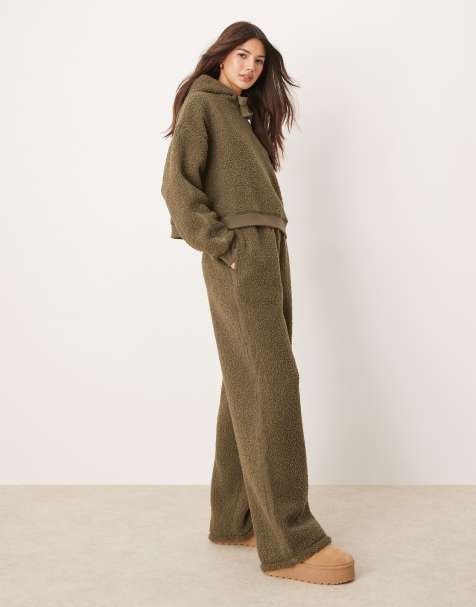 ASOS DESIGN lounge borg cropped hoodie & wide leg set in khaki - view 1