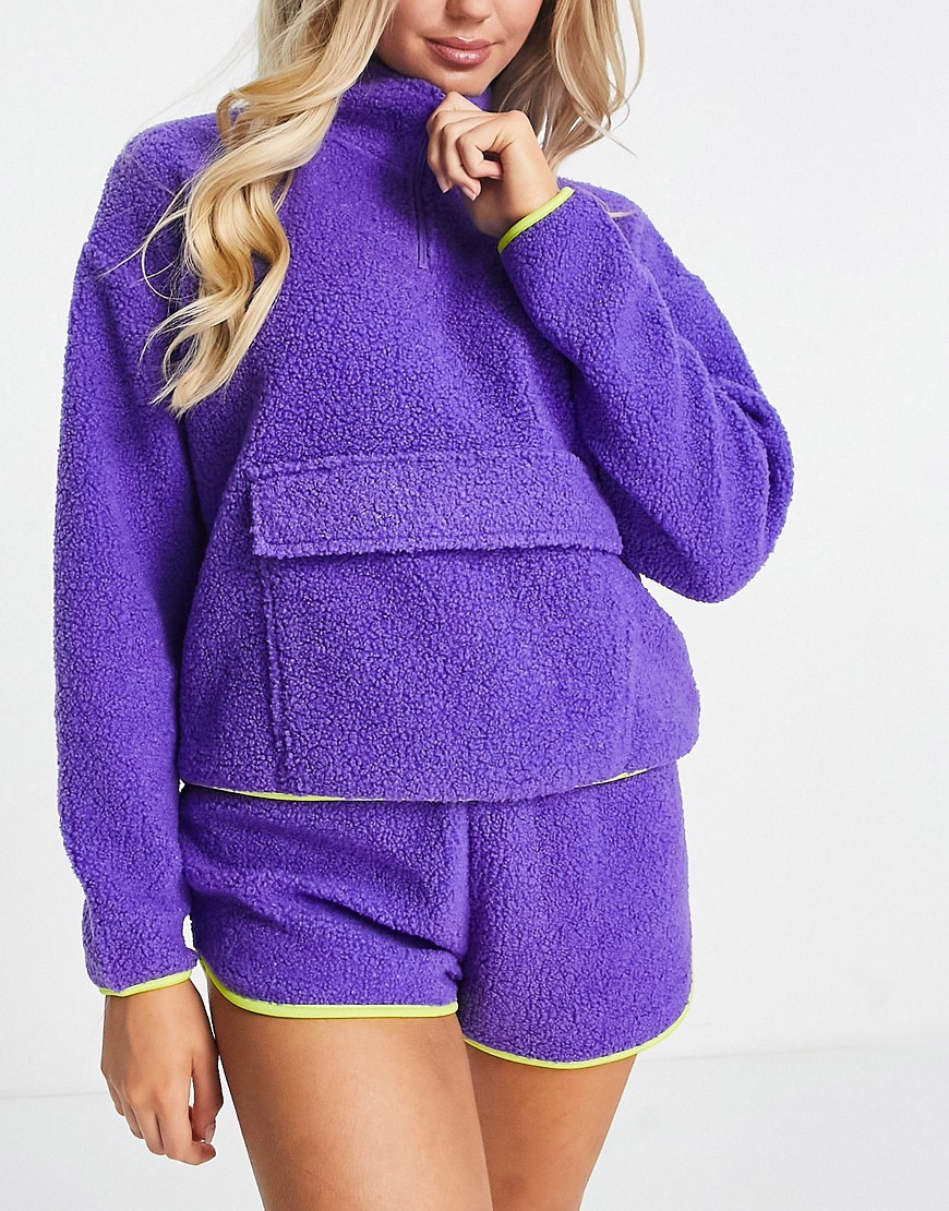Asos Design Lounge Borg Funnel Zip Up Sweatshirt & Shorts Set With Contrast Binding In Purple