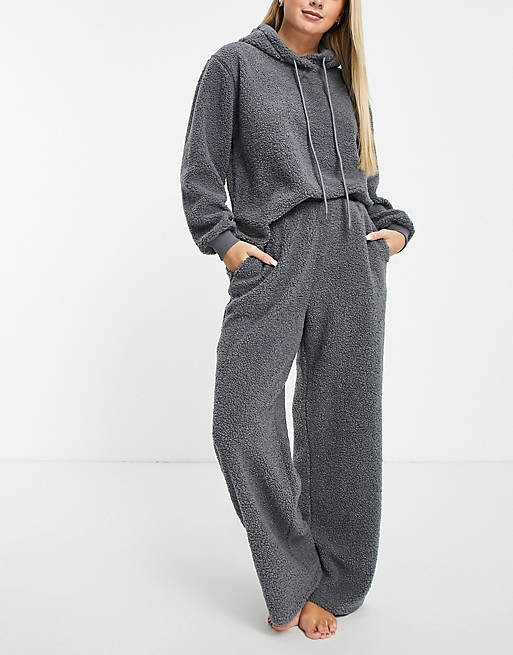 Women lounge borg hoodie & straight leg trouser set in grey 