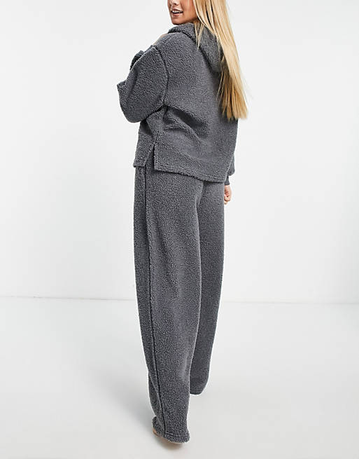 Women lounge borg hoodie & straight leg trouser set in grey 