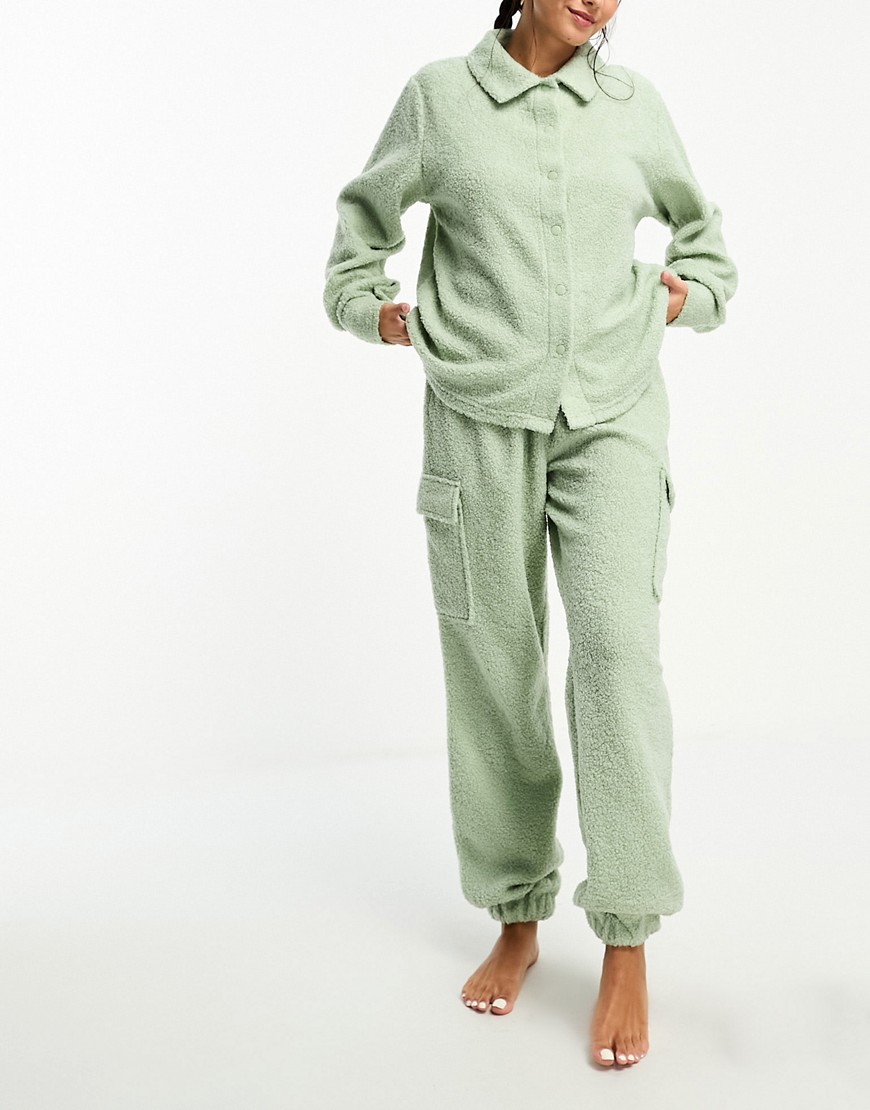 Asos Design Lounge Borg Shirt & Cargo Sweatpants Set In Sage-green