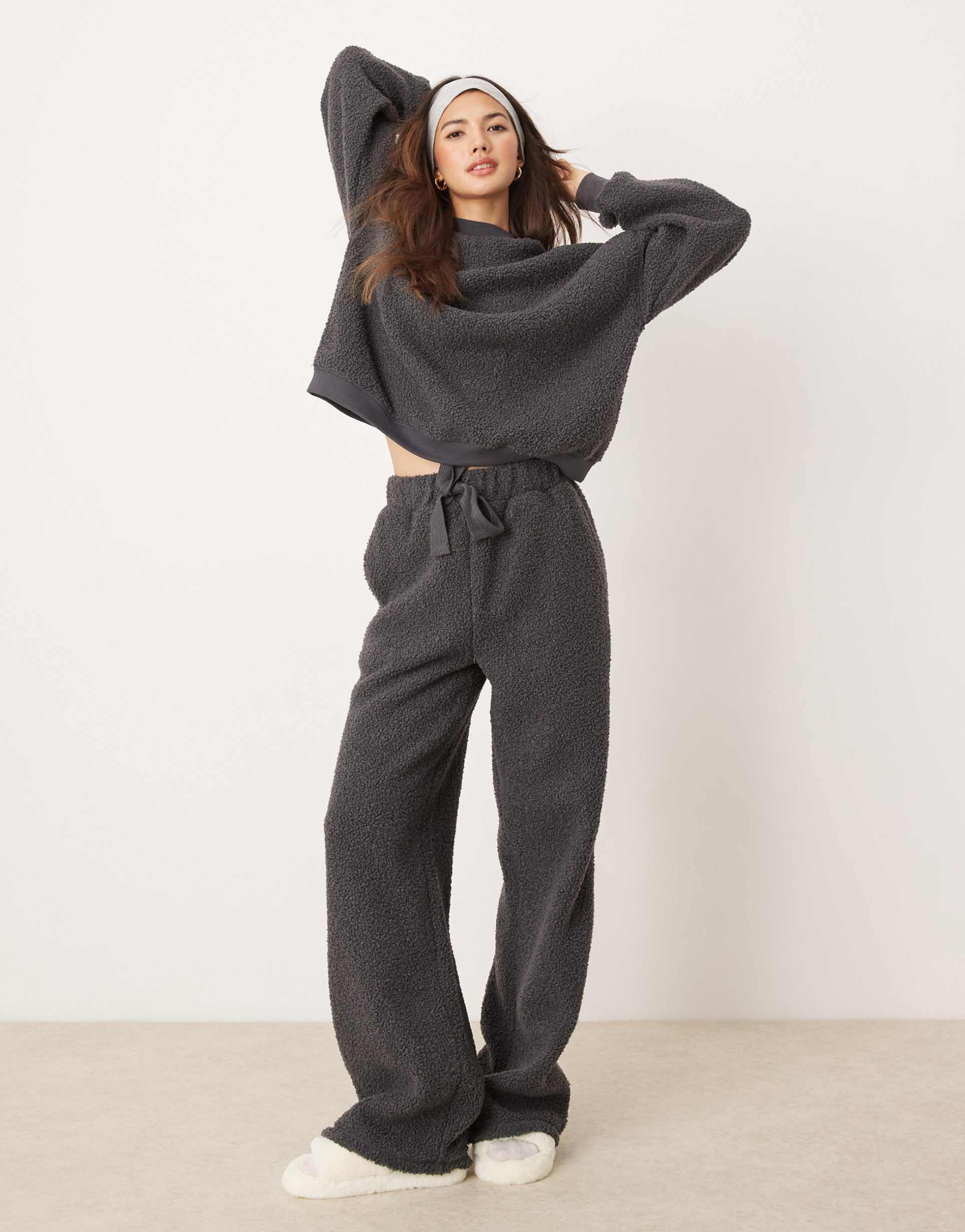 asos design lounge borg sweat & wide leg pants set in gray