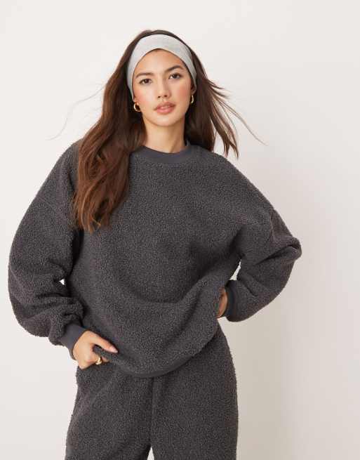 ASOS DESIGN lounge borg sweat & wide leg pants set in grey, 2 of 4