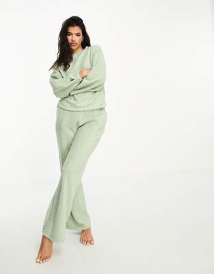 ASOS DESIGN lounge borg sweat & wide leg pants set in sage | ASOS