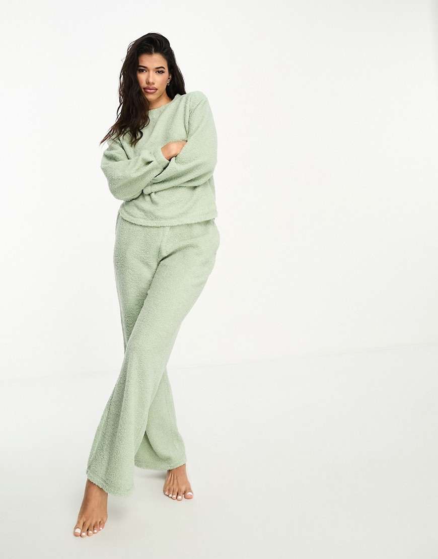 Asos Design Lounge Mix & Match Super Soft Wide Leg Pants In Sage-neutral In Green