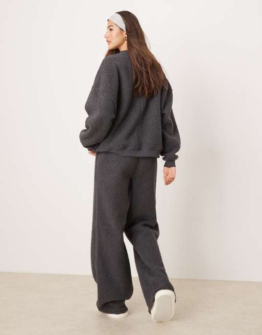 ASOS DESIGN lounge borg sweat & wide leg trouser set in grey
