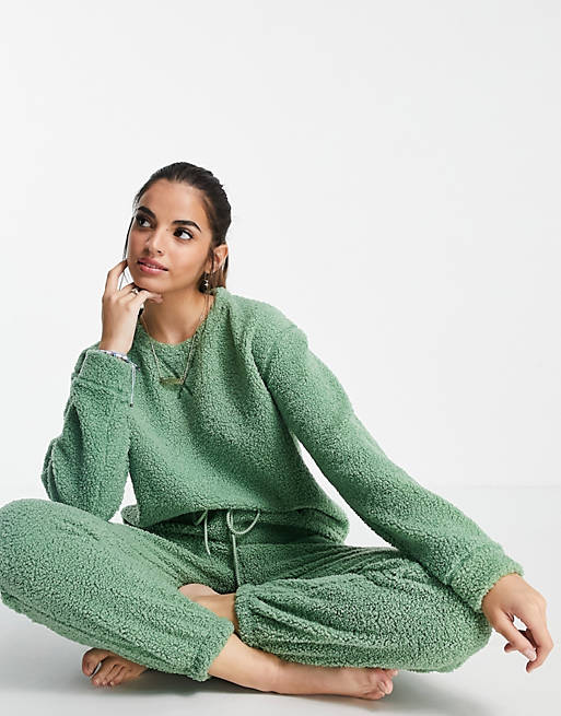ASOS DESIGN lounge borg sweatshirt & sweatpants set in green