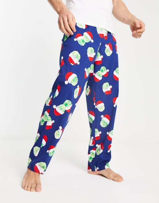 ASOS DESIGN lounge bottom in blue with Christmas brussels sprouts print