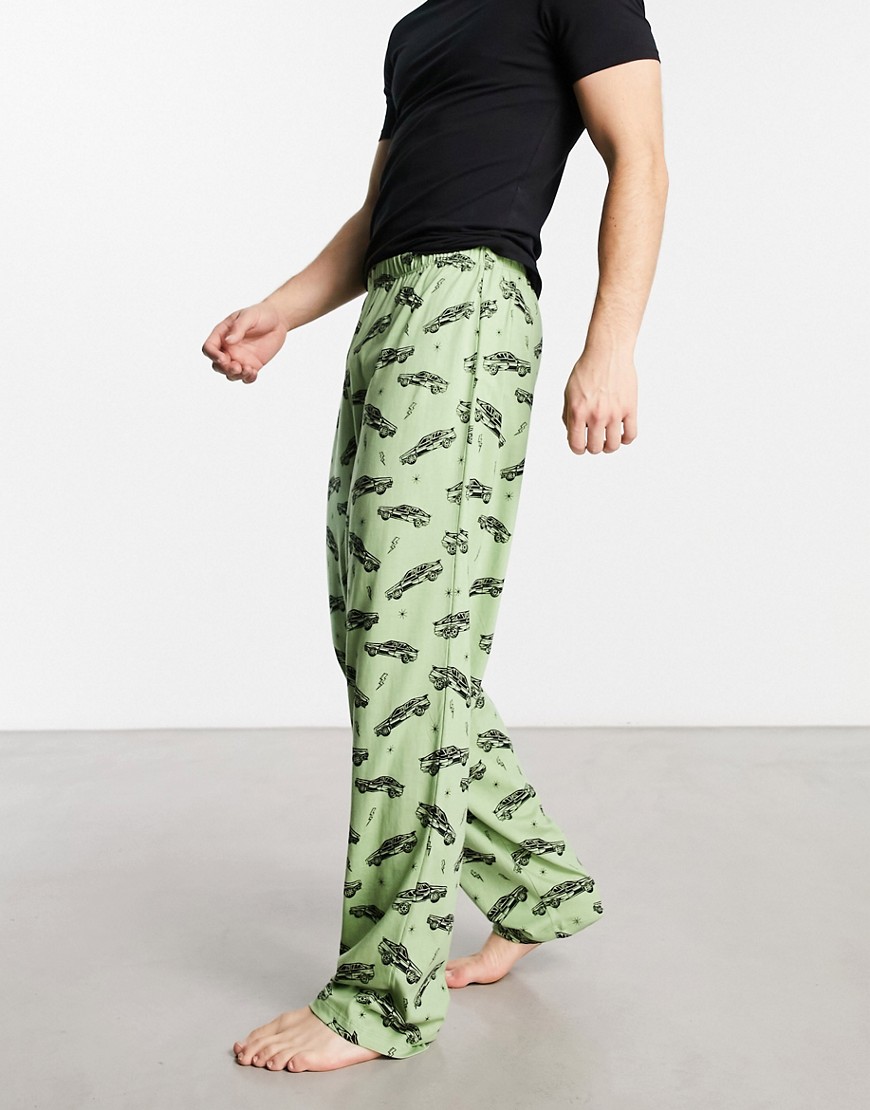 Asos Design Lounge Bottom In Green With Cars Print