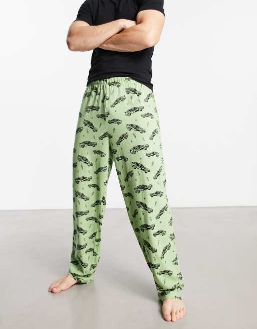 ASOS Design Lounge Bottom in Green with Cars Print