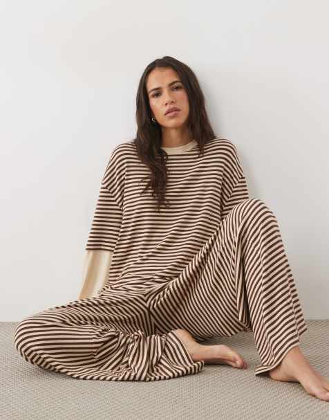 ASOS DESIGN lounge brushed double layer long sleeve pyjama set in brown stripe - view 1