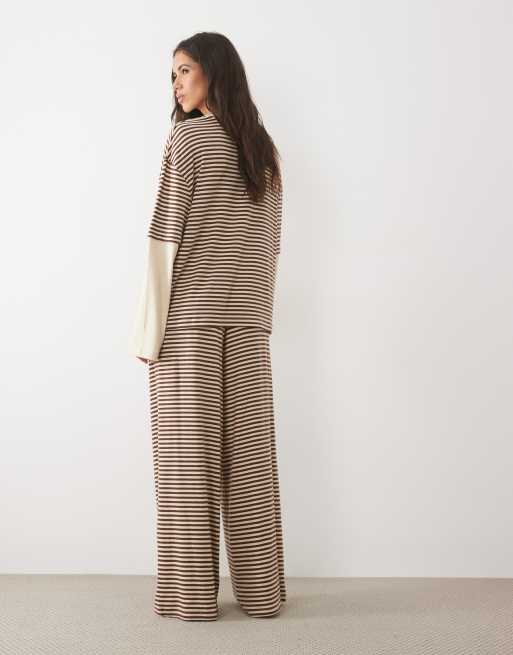 ASOS DESIGN lounge brushed double layer long sleeve pyjama set in brown stripe, 4 of 4
