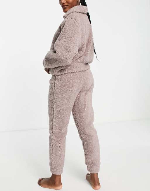 ASOS DESIGN lounge brushed sherpa funnel neck zip up sweatshirt & sweatpants set in mink, 2 of 4