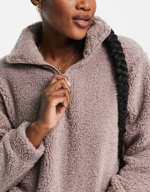 ASOS DESIGN lounge brushed sherpa funnel neck zip up sweatshirt & sweatpants set in mink, 3 of 4