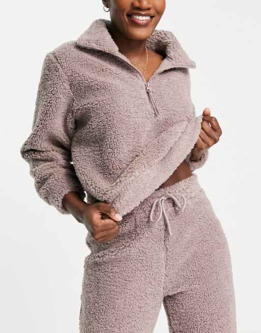 ASOS DESIGN lounge brushed sherpa funnel neck zip up sweatshirt & sweatpants set in mink, 4 of 4