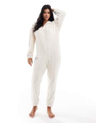 ASOS DESIGN lounge cable textured cloud fleece onesie in cream-Brown