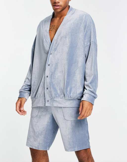 ASOS DESIGN lounge cardigan and short pajama set in velour rib in gray