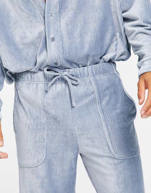 ASOS DESIGN lounge cardigan and short pajama set in velour rib in gray, 3 of 4