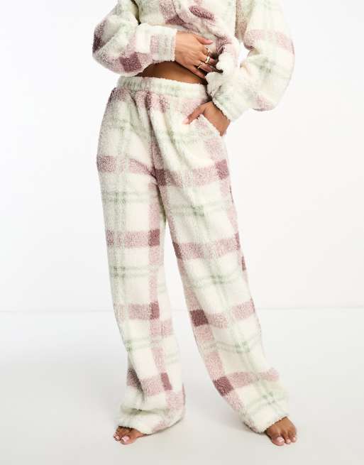 ASOS DESIGN lounge check cloud fleece shirt & wide leg pants set in white, green & pink, 4 of 4