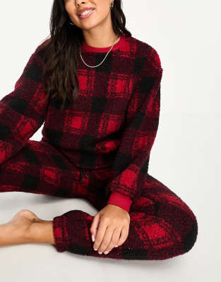 ASOS DESIGN lounge check cloud fleece sweat & sweatpants set in red ...