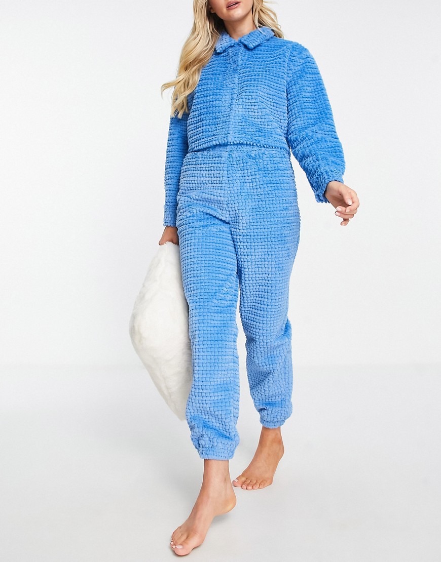 lounge clipped faux fur shirt & jogger set in blue