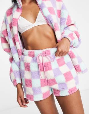 ASOS DESIGN lounge co-ord check borg short in pink & lilac - ASOS Price Checker