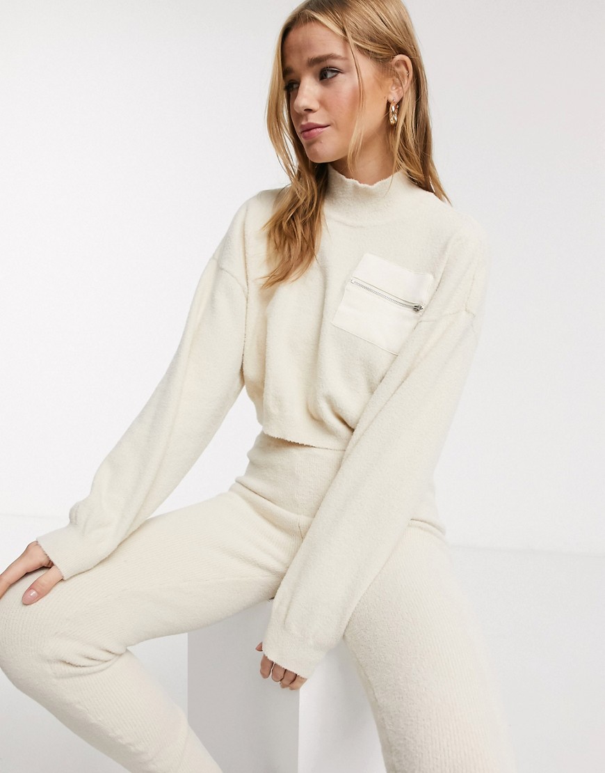 ASOS DESIGN Lounge co ord fluffy jumper with contrast pocket-Cream