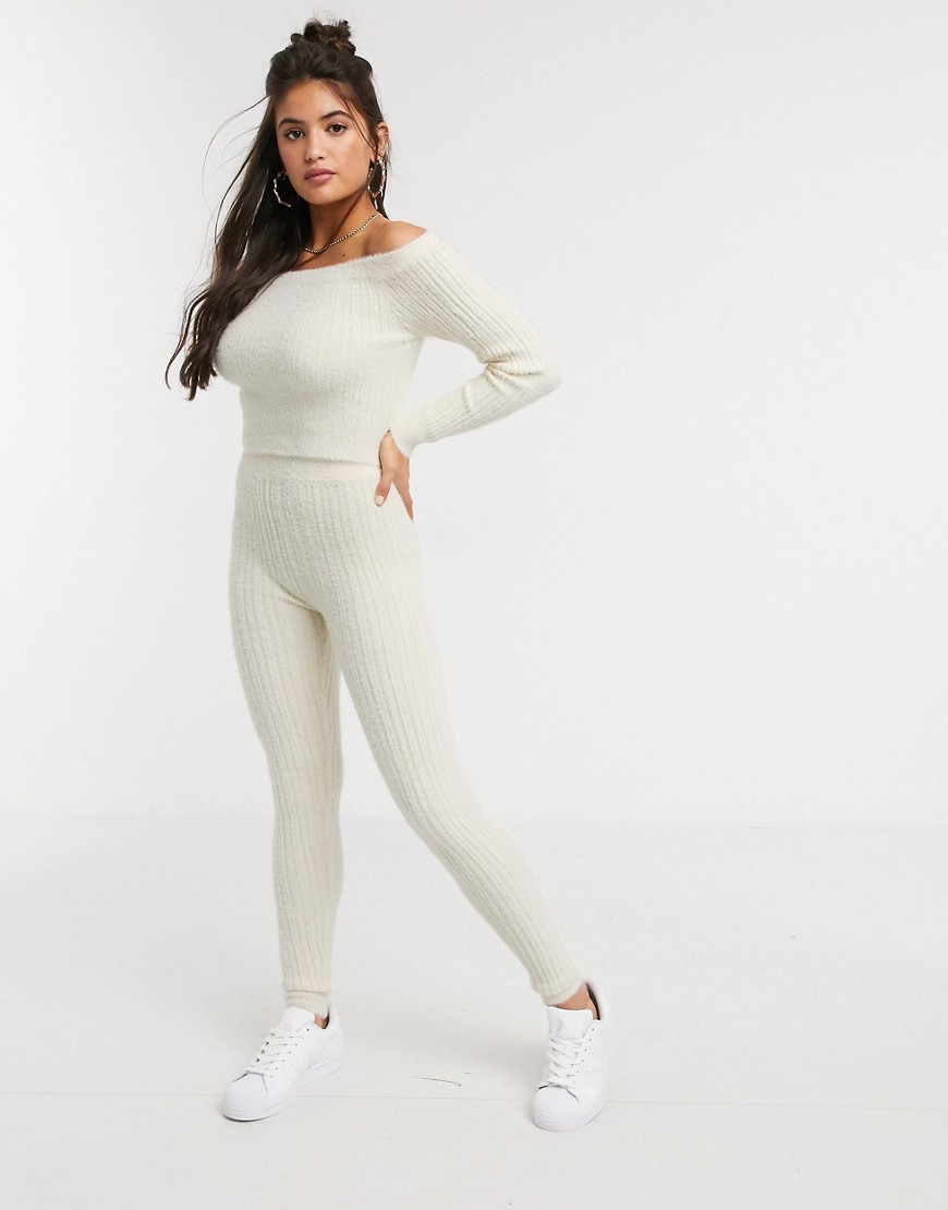 ASOS DESIGN Lounge co-ord knitted ribbed legging in fluffy-Cream