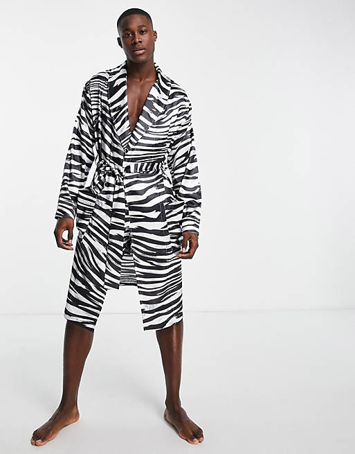 Men lounge co-ord satin dressing gown in zebra print 