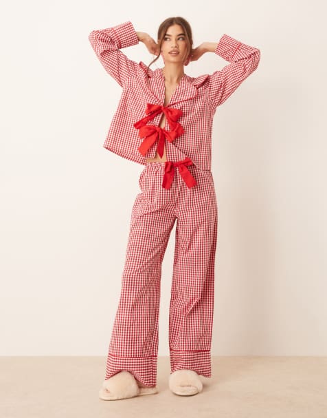 ASOS DESIGN lounge collared tie front shirt and trouser co ord in red gingham - view 1