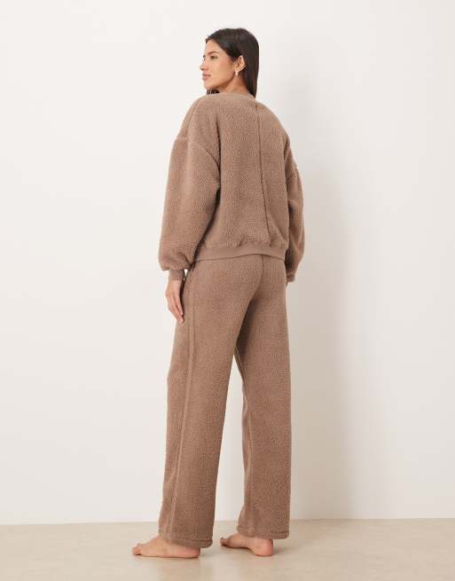 ASOS DESIGN lounge cuddle crew neck sweat & wide leg pants set in light brown, 3 of 4