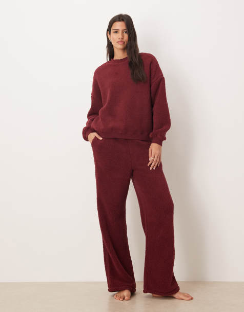 ASOS DESIGN lounge cuddle crew neck sweat & wide leg trouser set in burgundy - view 1