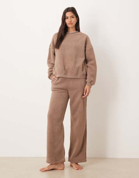 ASOS DESIGN lounge cuddle crew neck sweat & wide leg trouser set in light brown - view 1