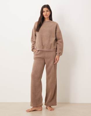 Asos Design Lounge Cuddle Crew Neck Sweatshirt & Wide Leg Pants Set In Brown