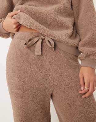 Asos Design Lounge Cuddle Crew Neck Sweatshirt & Wide Leg Pants Set In Brown