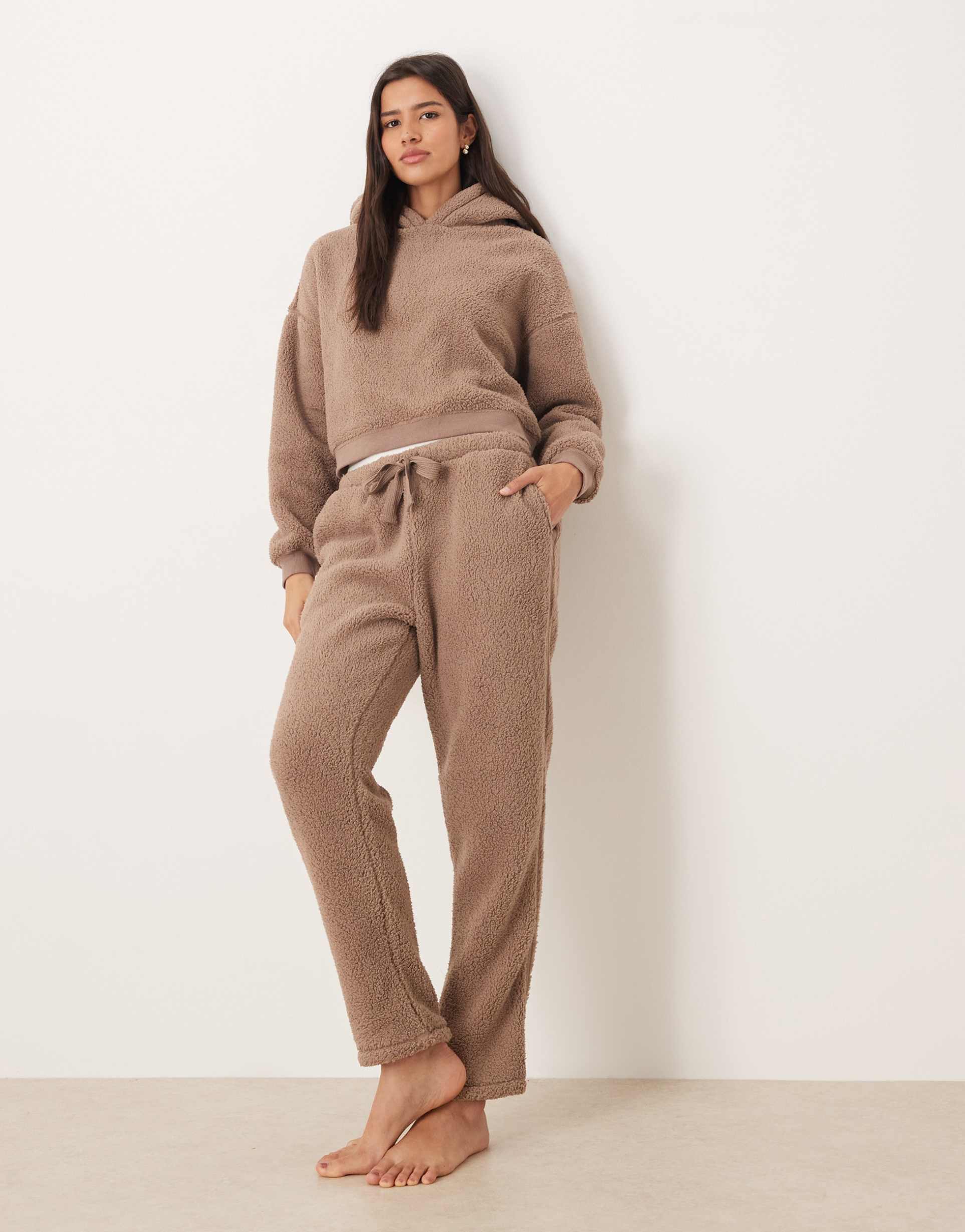 asos design lounge cuddle cropped hoodie & tapered leg pants set in light brown