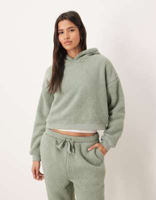 Asos Design Lounge Cuddle Cropped Hoodie & Tapered Leg Pants Set In Gray
