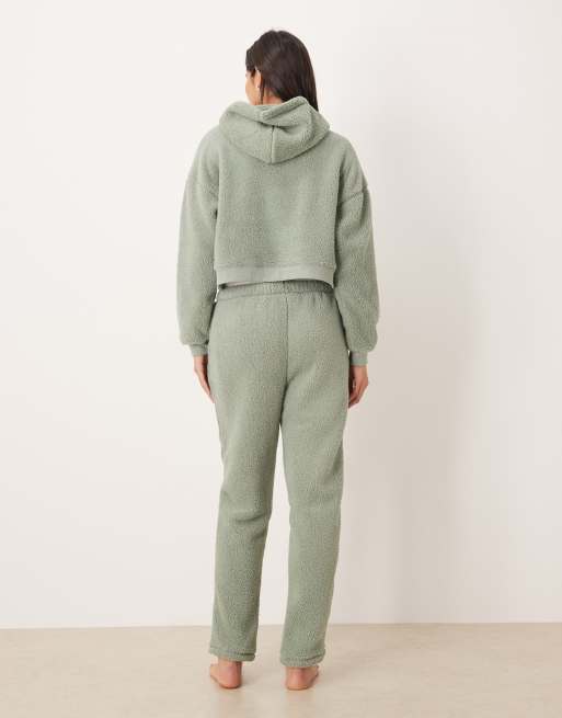 ASOS DESIGN lounge cuddle cropped hoodie & tapered leg pants set in light green, 3 of 4