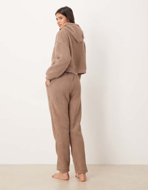 ASOS DESIGN lounge cuddle cropped hoodie & tapered leg set in light brown, 2 of 4