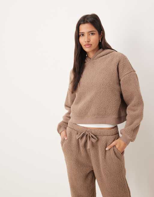 ASOS DESIGN lounge cuddle cropped hoodie & tapered leg set in light brown, 4 of 4