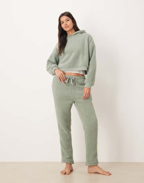 ASOS DESIGN lounge cuddle cropped hoodie & tapered leg set in light green - view 1