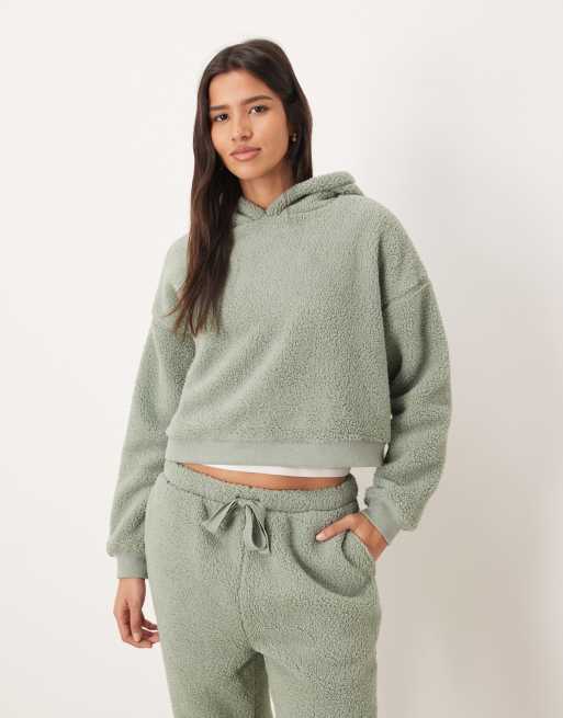 ASOS DESIGN lounge cuddle cropped hoodie & tapered leg set in light green, 2 of 4