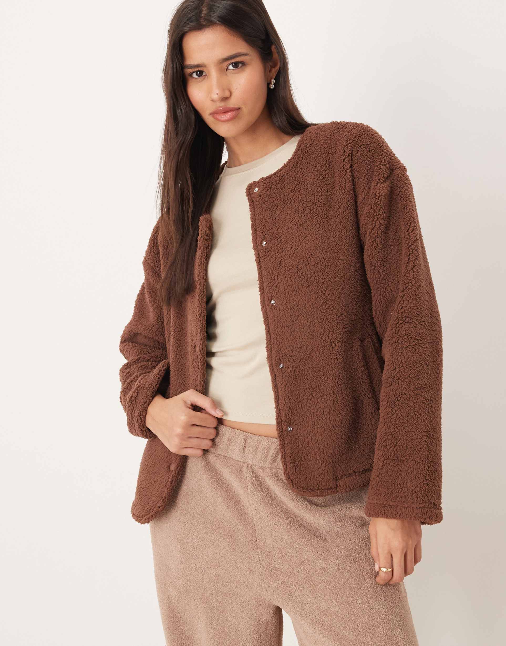 asos design lounge cuddle fleece jacket in brown
