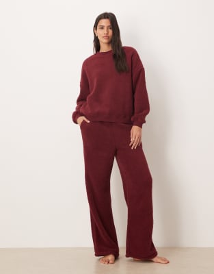 Asos Design Lounge Cuddly Crew Neck Sweatshirt & Wide Leg Pants Set In Red