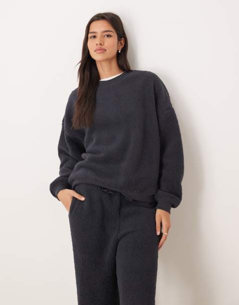ASOS DESIGN lounge cuddly crew neck sweatshirt & wide leg pants set in inky blue - view 1