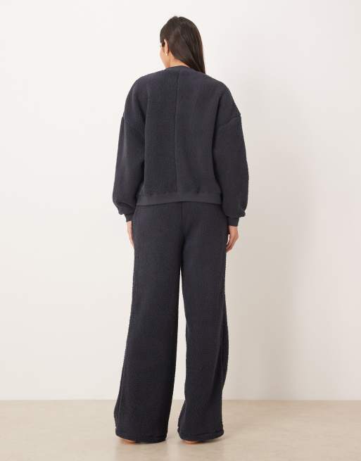 ASOS DESIGN lounge cuddly crew neck sweatshirt & wide leg pants set in inky blue, 2 of 4