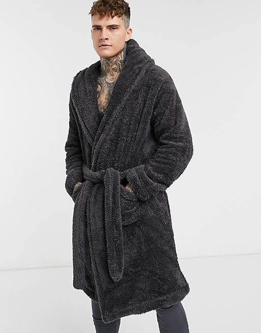 ASOS DESIGN lounge dressing gown in charcoal fleece | ASOS