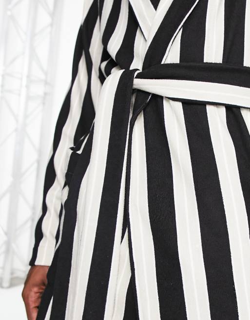 ASOS DESIGN lounge dressing gown in striped fleece in white, grey and navy, 3 of 4