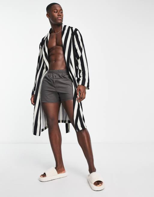 ASOS DESIGN lounge dressing gown in striped fleece in white, grey and navy, 4 of 4