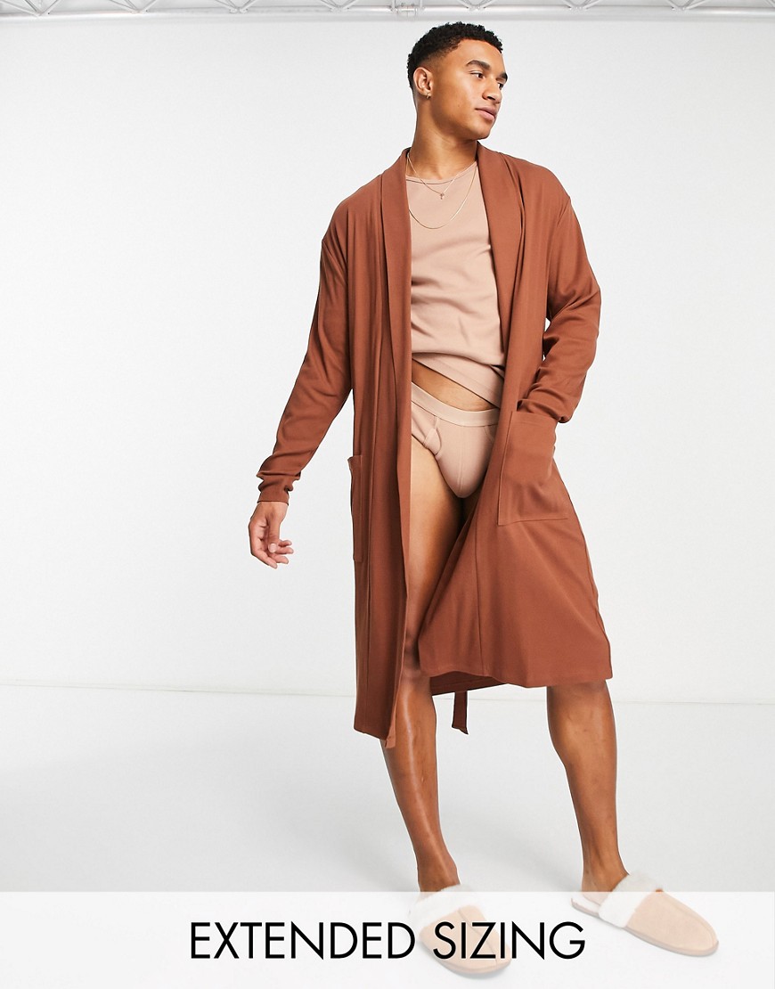 ASOS DESIGN lounge dressing gown in tonal cotton rib in brown